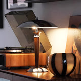 Vintage Chrome Mushroom Umbrella Table Lamp with 3 Step LED Light and Wood Accent