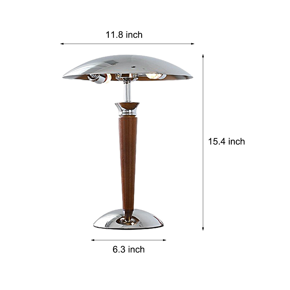 Vintage Chrome Mushroom Umbrella Table Lamp with 3 Step LED Light and Wood Accent