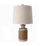 Vintage Coastal Style Stone Table Lamp with Rope Accents and Tapered Oatmeal Fabric Drum Shade