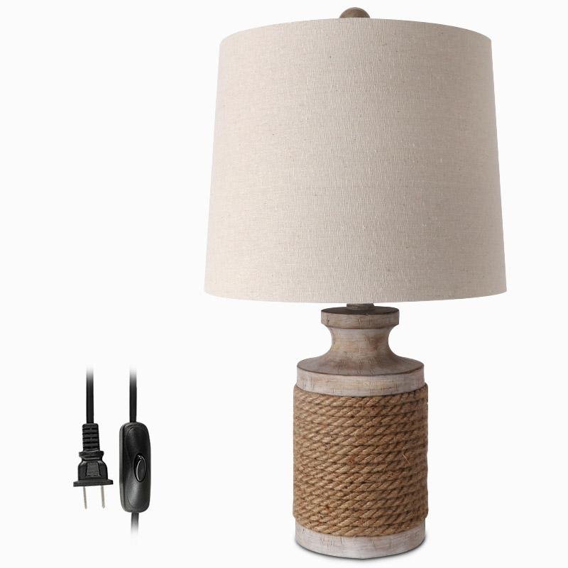 Vintage Coastal Style Stone Table Lamp with Rope Accents and Tapered Oatmeal Fabric Drum Shade