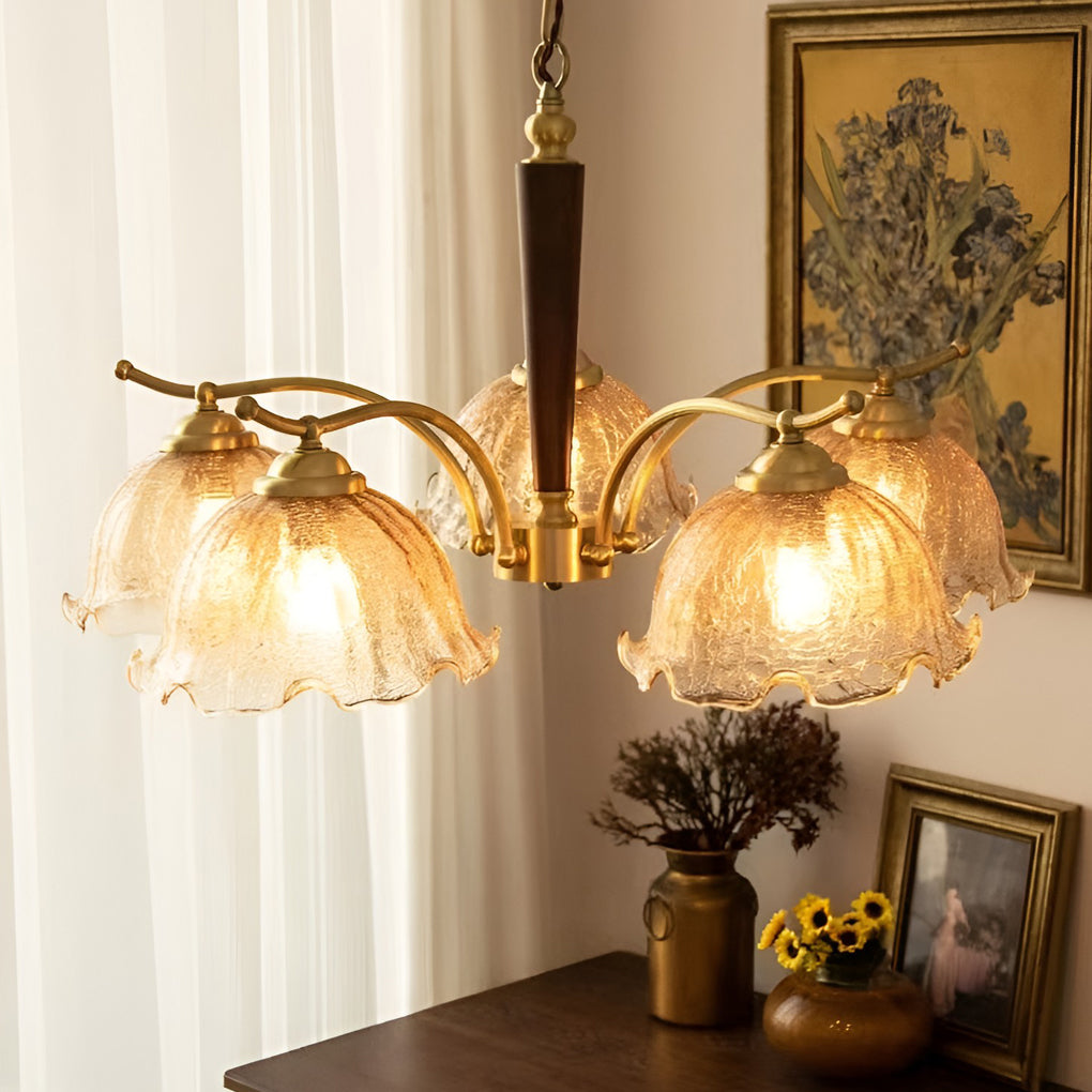Vintage Copper Chandelier with Cracked Glass Shades Retro Pendant Light for Bedroom and Dining Room