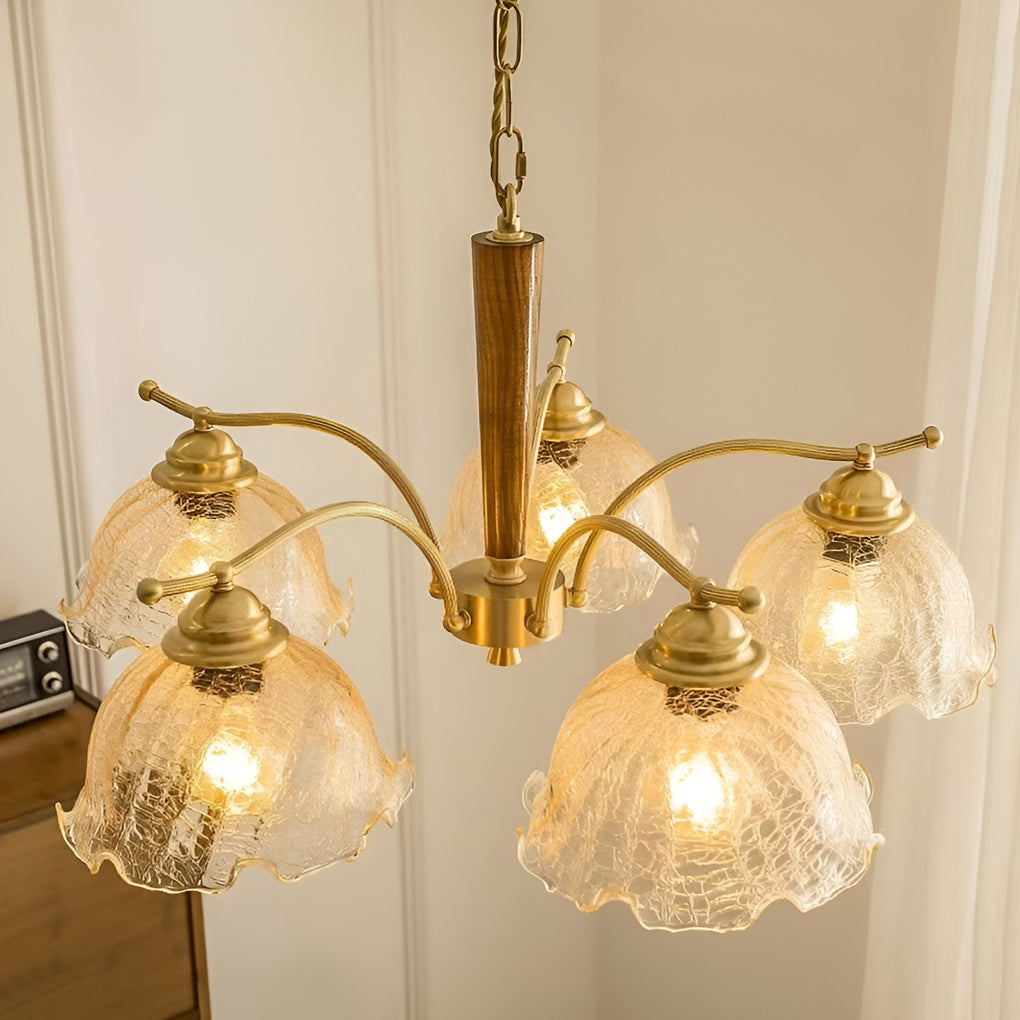 Vintage Copper Chandelier with Cracked Glass Shades Retro Pendant Light for Bedroom and Dining Room