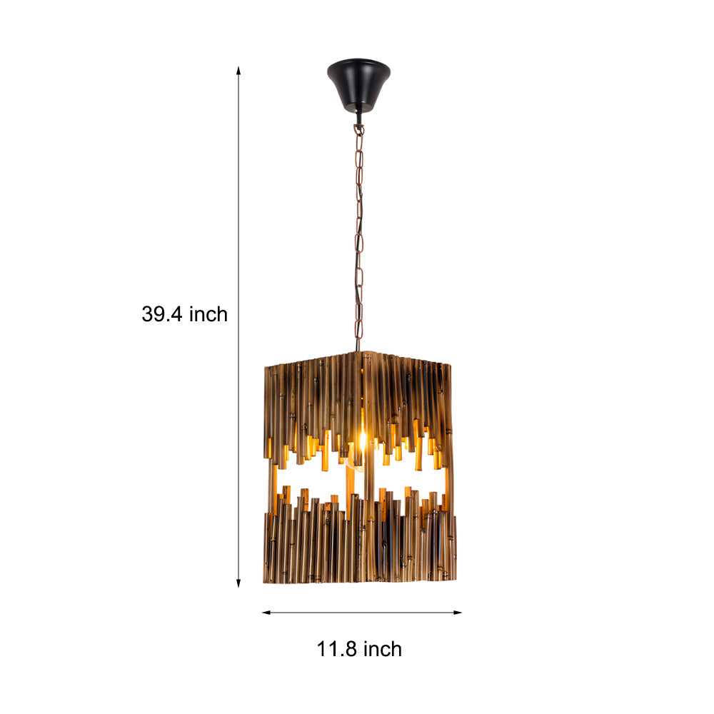 Vintage Dark Wood Bamboo Tube Cuboid Hanging Light Rustic 1 Light Interior Pendant Lamp