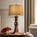Vintage Farmhouse Resin Tower Table Lamp with Striped Linen Drum Shade