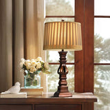 Vintage Farmhouse Resin Tower Table Lamp with Striped Linen Drum Shade
