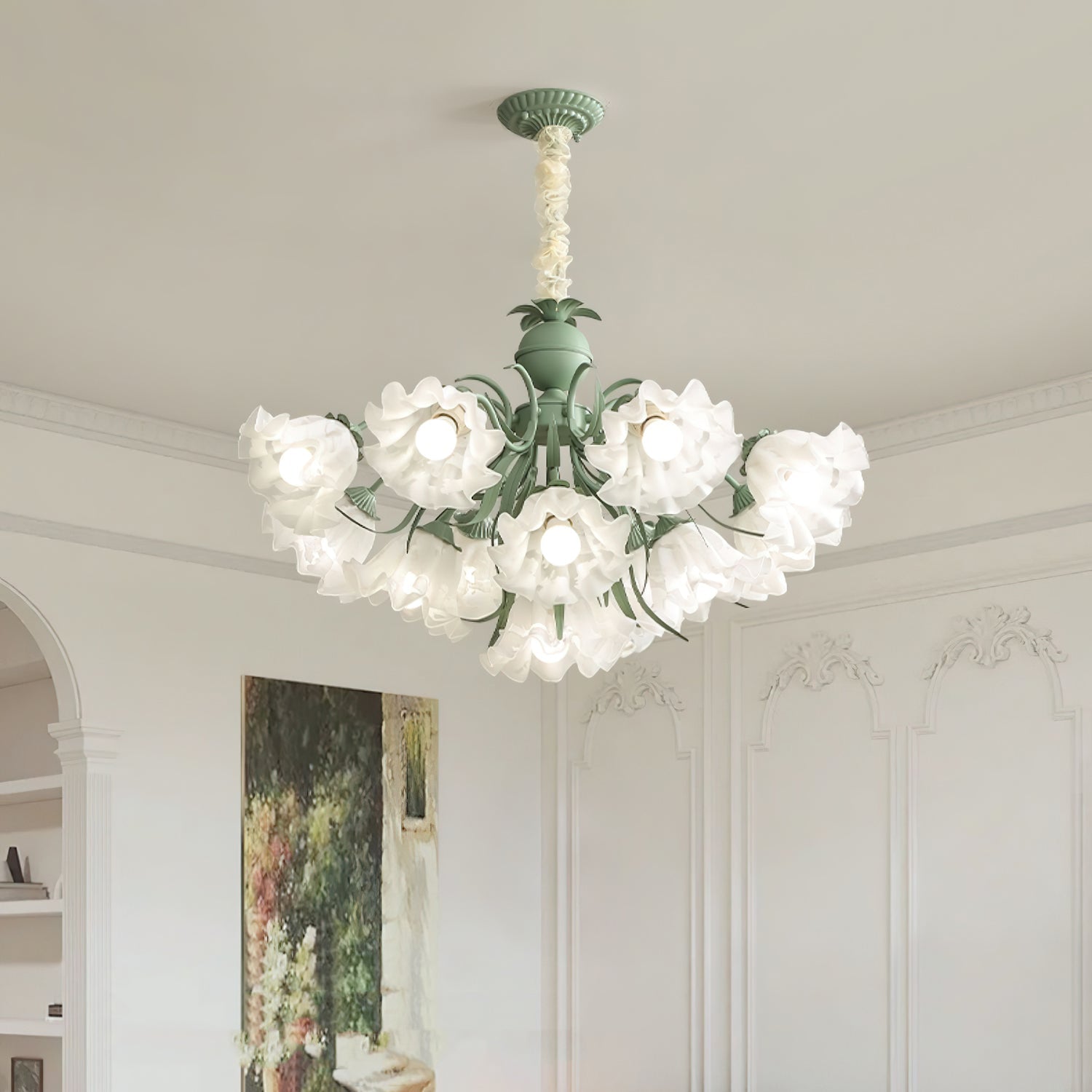 Vintage Floral Lily of the Valley Chandelier Green Metal Petal Pendant Lamp