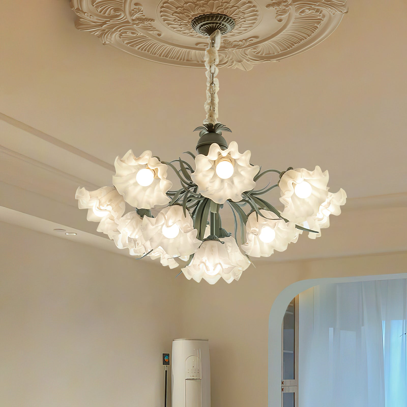 Vintage Floral Lily of the Valley Chandelier Green Metal Petal Pendant Lamp