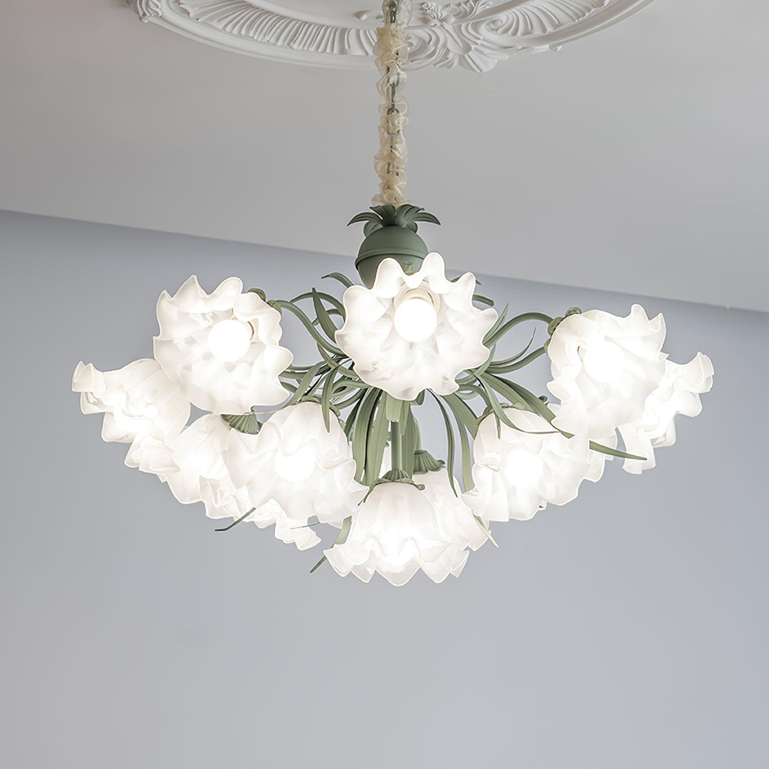 Vintage Floral Lily of the Valley Chandelier Green Metal Petal Pendant Lamp