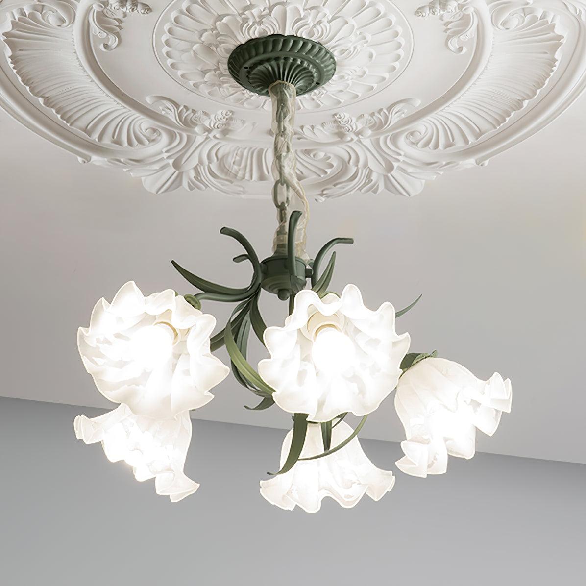 Vintage Floral Lily of the Valley Chandelier Green Metal Petal Pendant Lamp