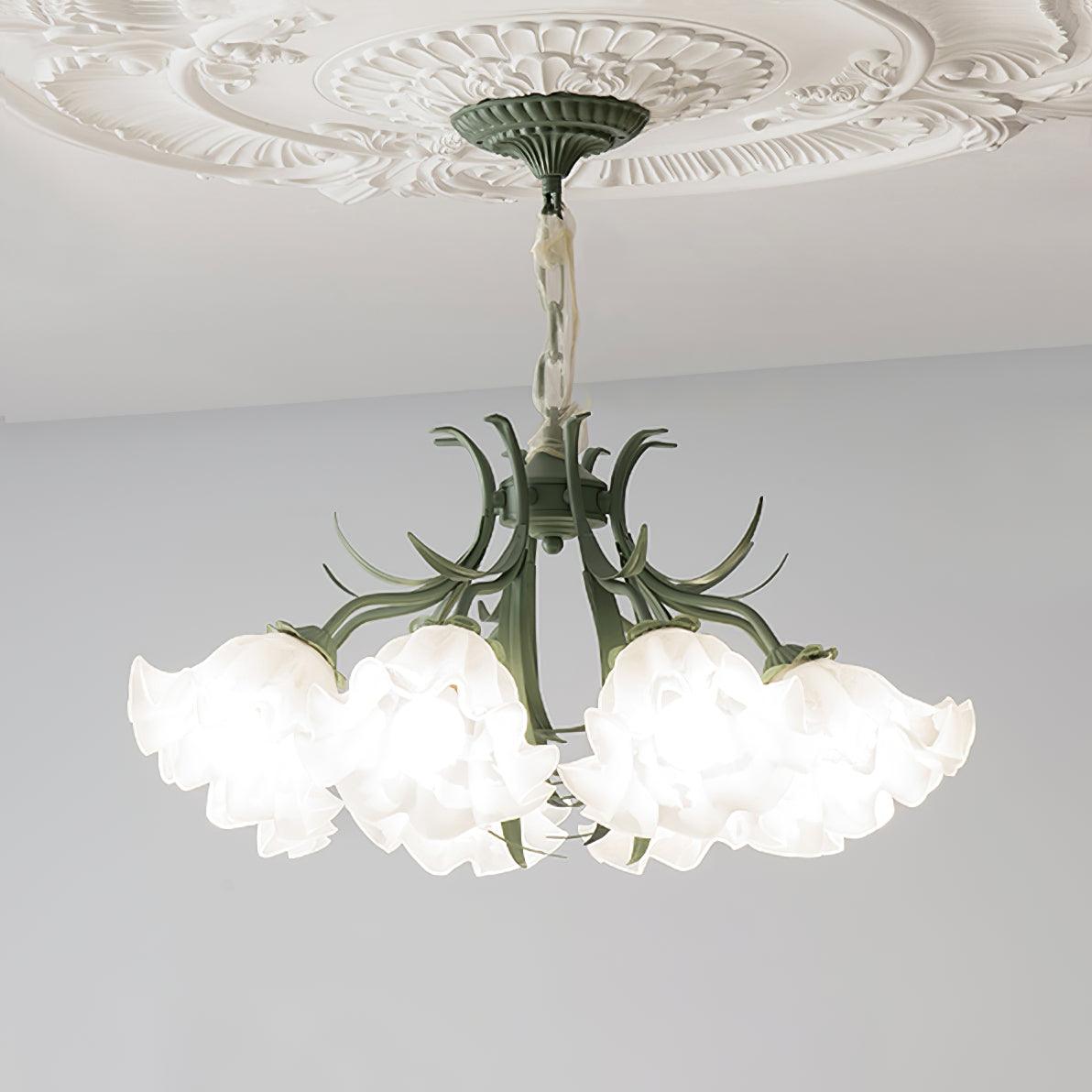 Vintage Floral Lily of the Valley Chandelier Green Metal Petal Pendant Lamp
