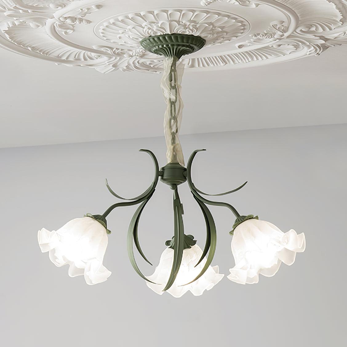 Vintage Floral Lily of the Valley Chandelier Green Metal Petal Pendant Lamp