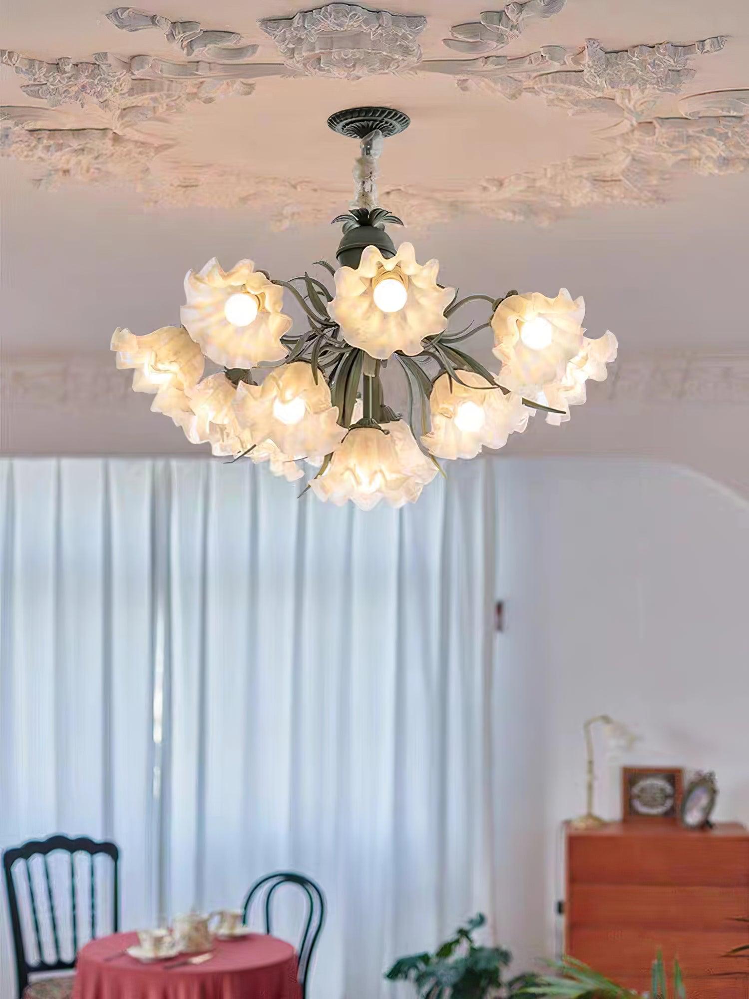 Vintage Floral Lily of the Valley Chandelier Green Metal Petal Pendant Lamp
