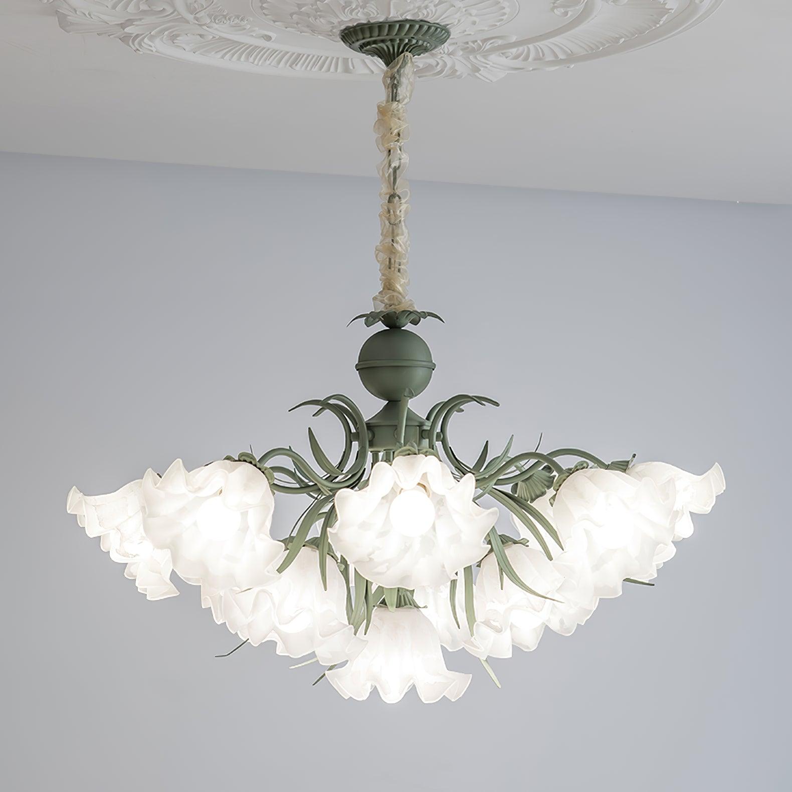 Vintage Floral Lily of the Valley Chandelier Green Metal Petal Pendant Lamp