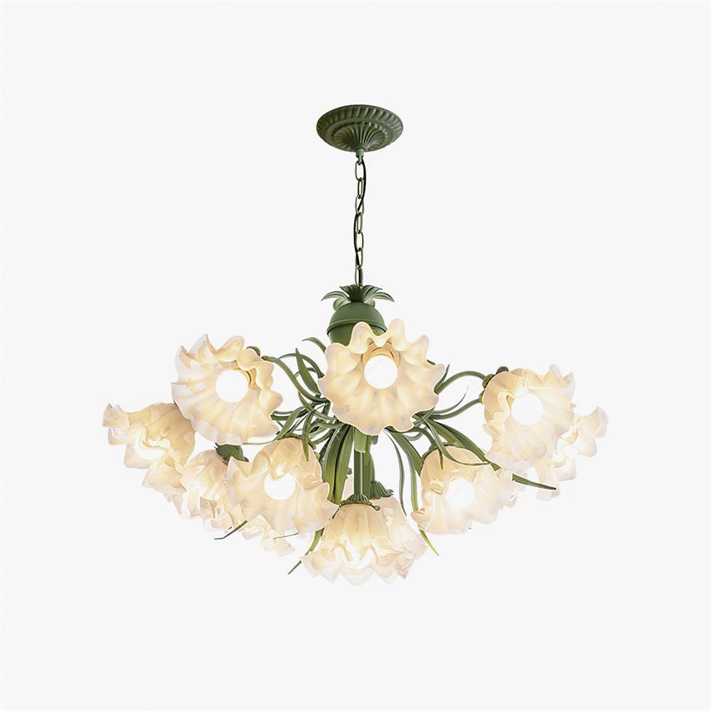 Vintage Floral Lily of the Valley Chandelier Green Metal Petal Pendant Lamp
