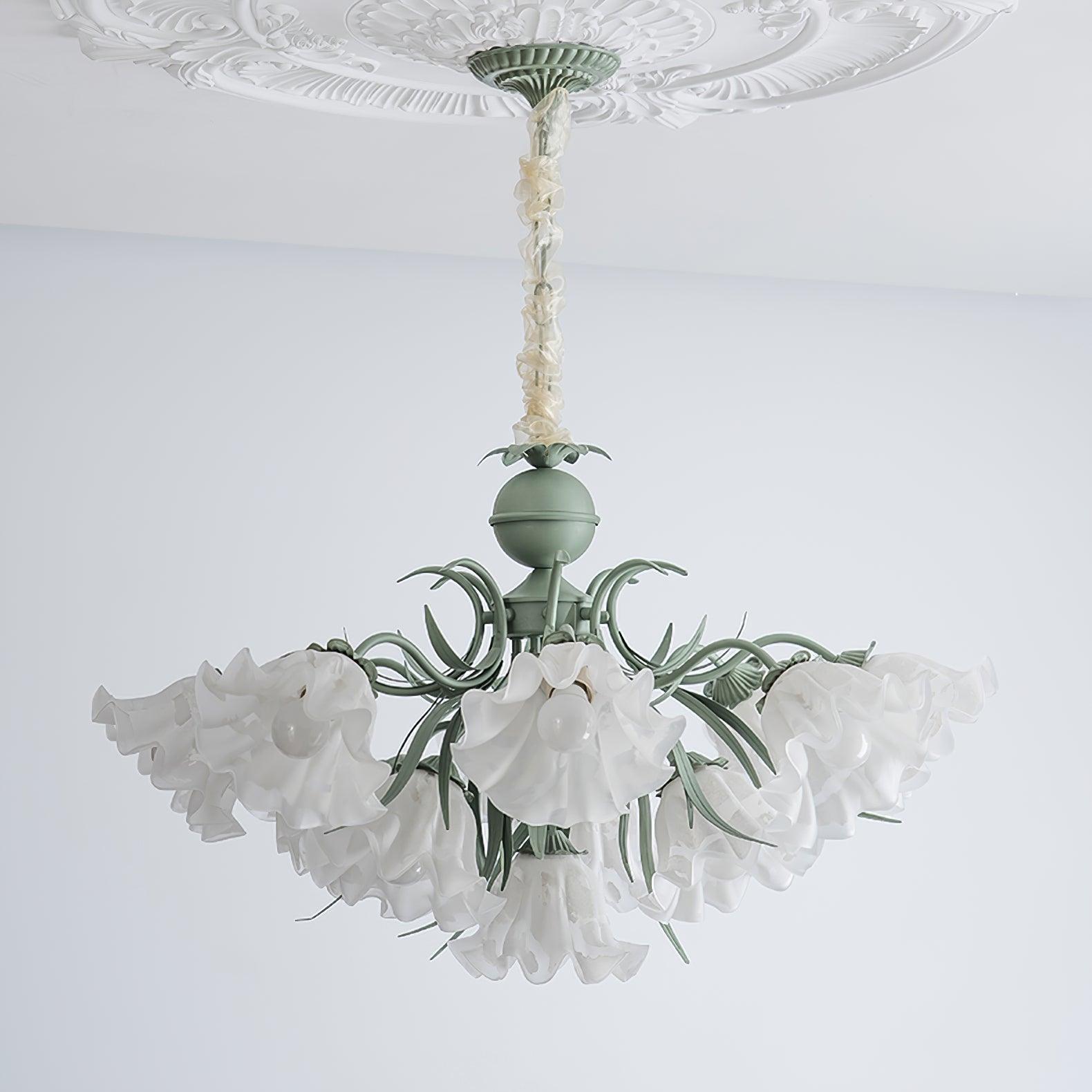Vintage Floral Lily of the Valley Chandelier Green Metal Petal Pendant Lamp
