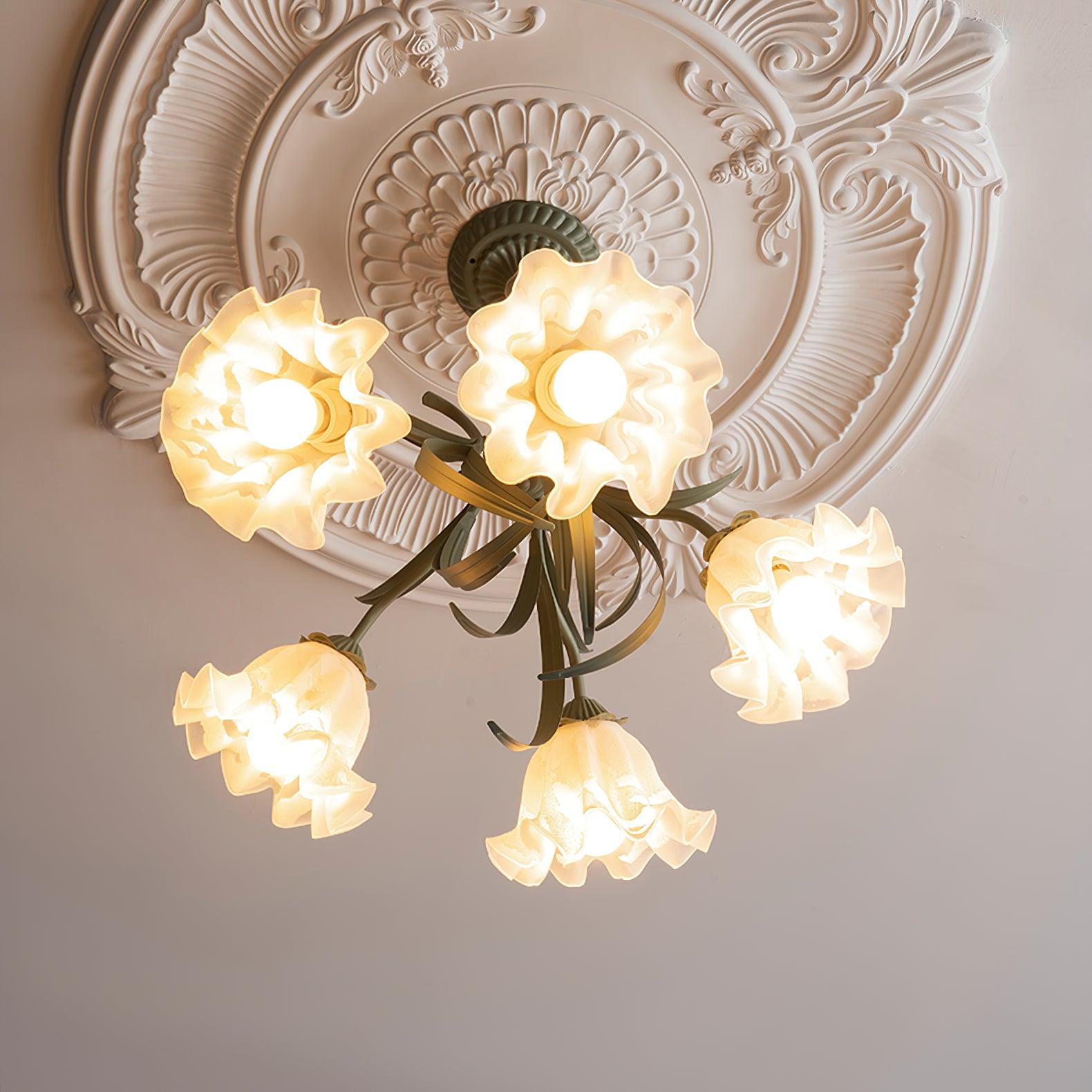Vintage Floral Lily of the Valley Chandelier Green Metal Petal Pendant Lamp