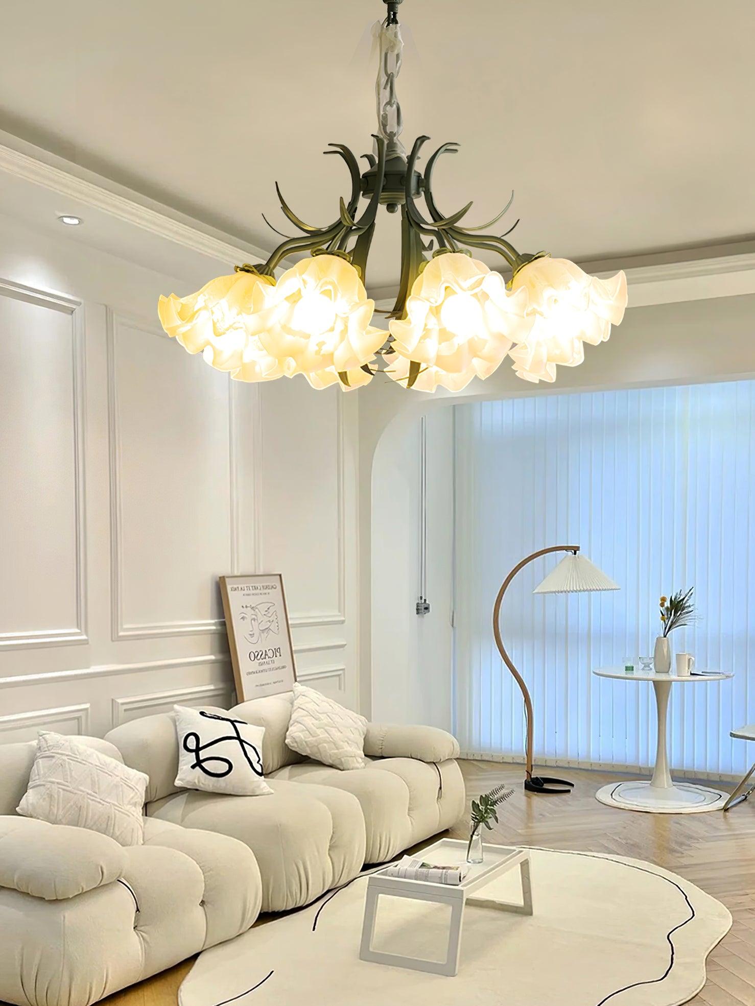 Vintage Floral Lily of the Valley Chandelier Green Metal Petal Pendant Lamp