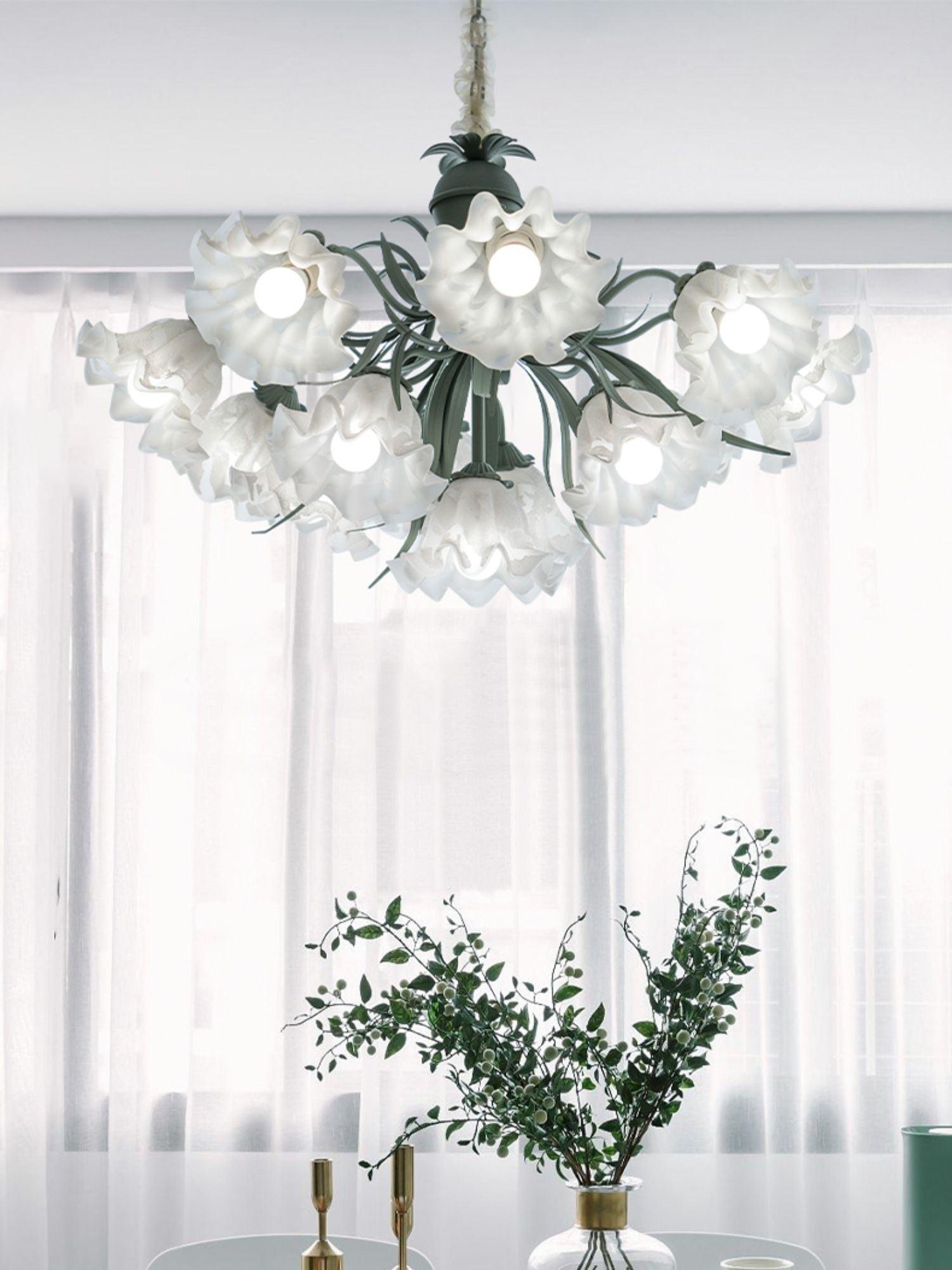 Vintage Floral Lily of the Valley Chandelier Green Metal Petal Pendant Lamp