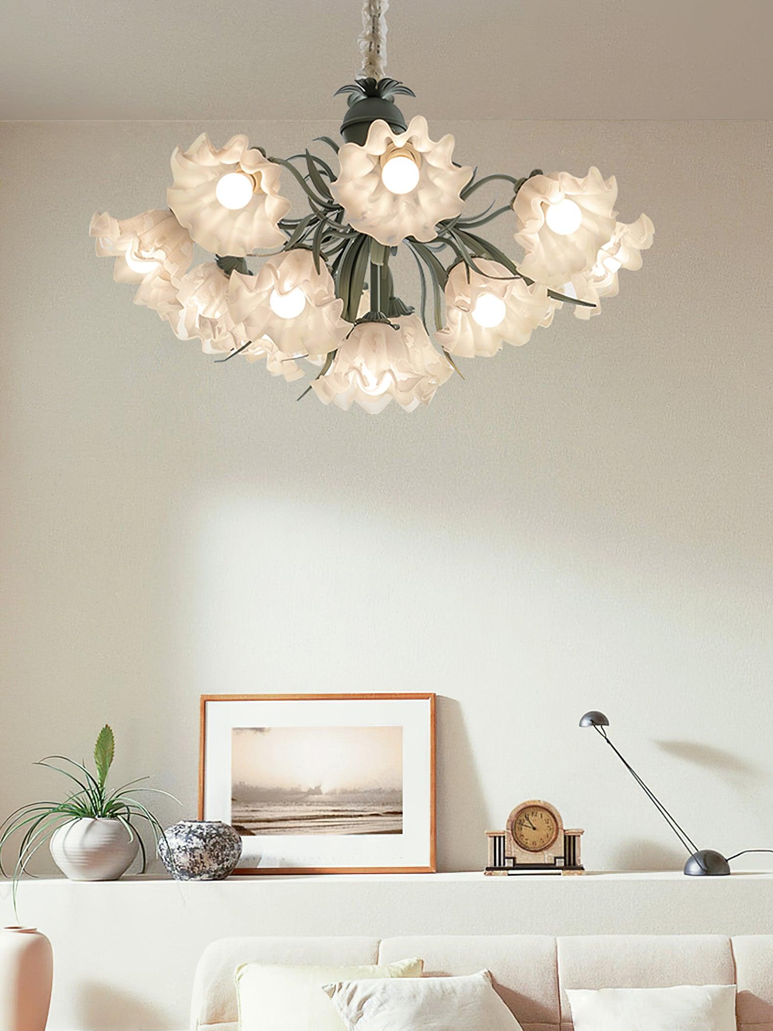 Vintage Floral Lily of the Valley Chandelier Green Metal Petal Pendant Lamp