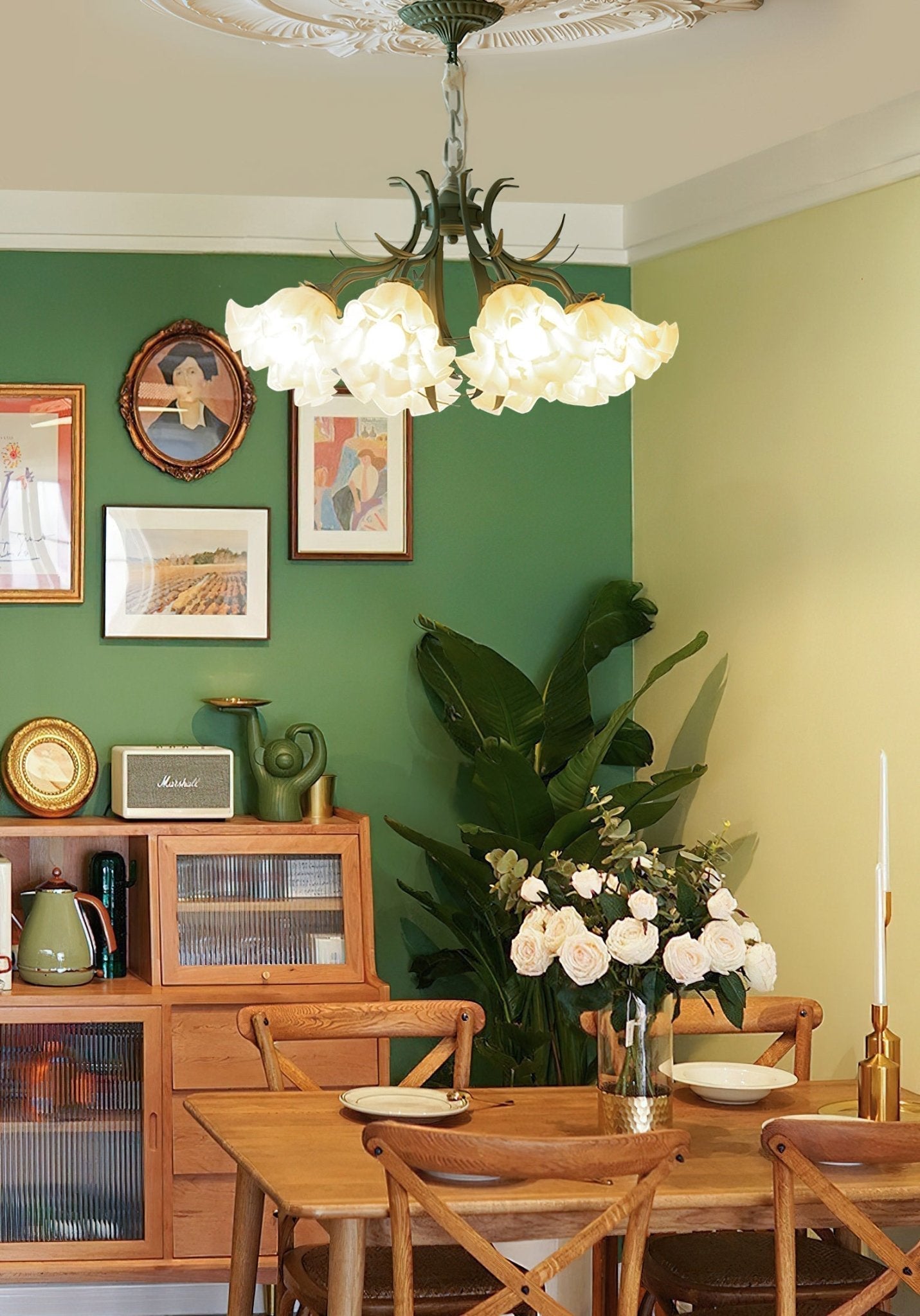 Vintage Floral Lily of the Valley Chandelier Green Metal Petal Pendant Lamp