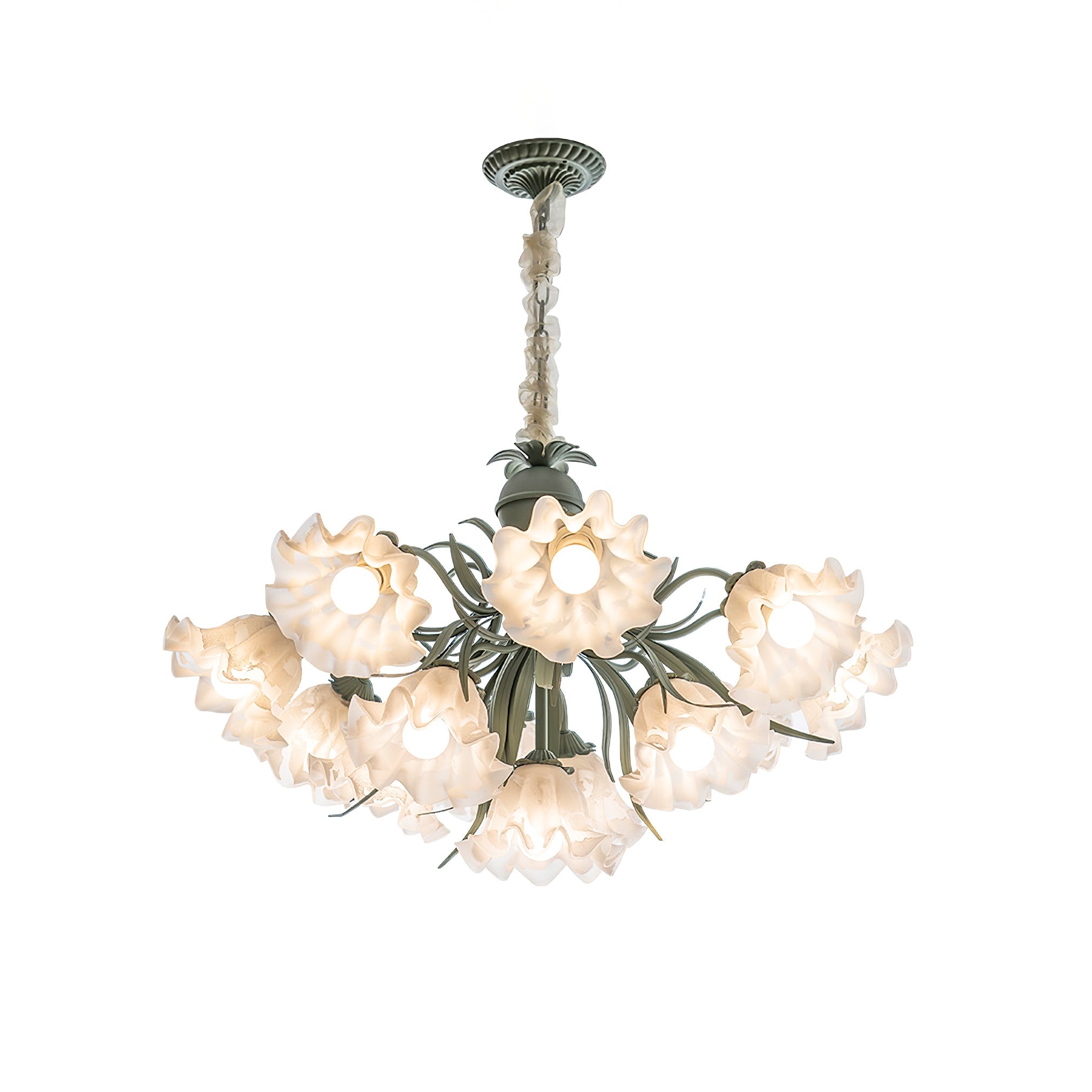 Vintage Floral Lily of the Valley Chandelier Green Metal Petal Pendant Lamp