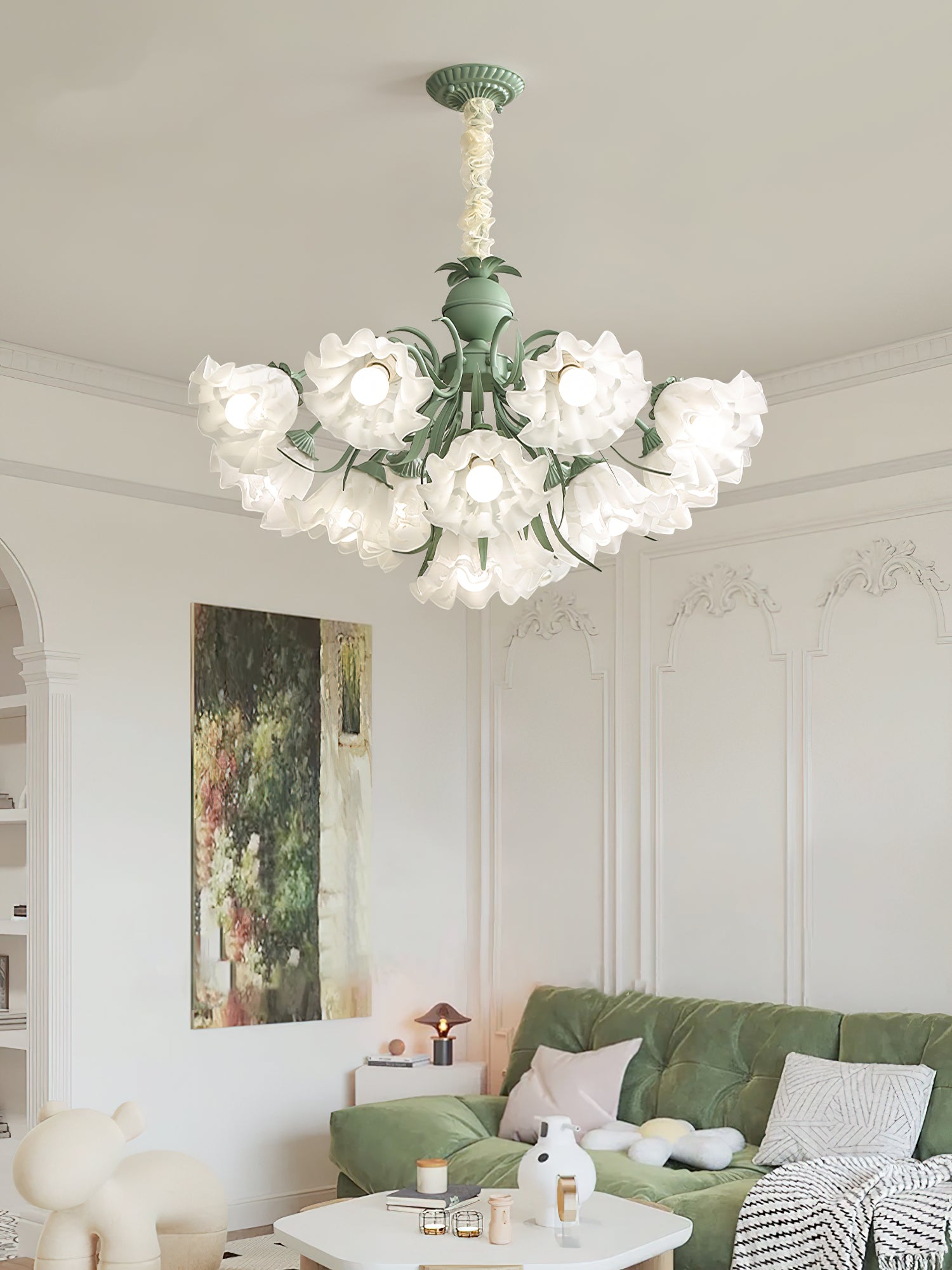 Vintage Floral Lily of the Valley Chandelier Green Metal Petal Pendant Lamp