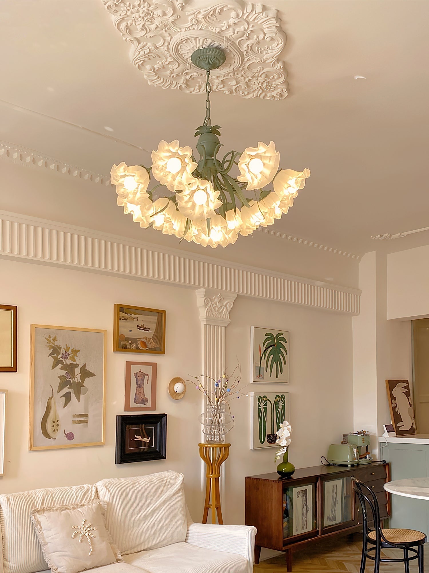 Vintage Floral Lily of the Valley Chandelier Green Metal Petal Pendant Lamp