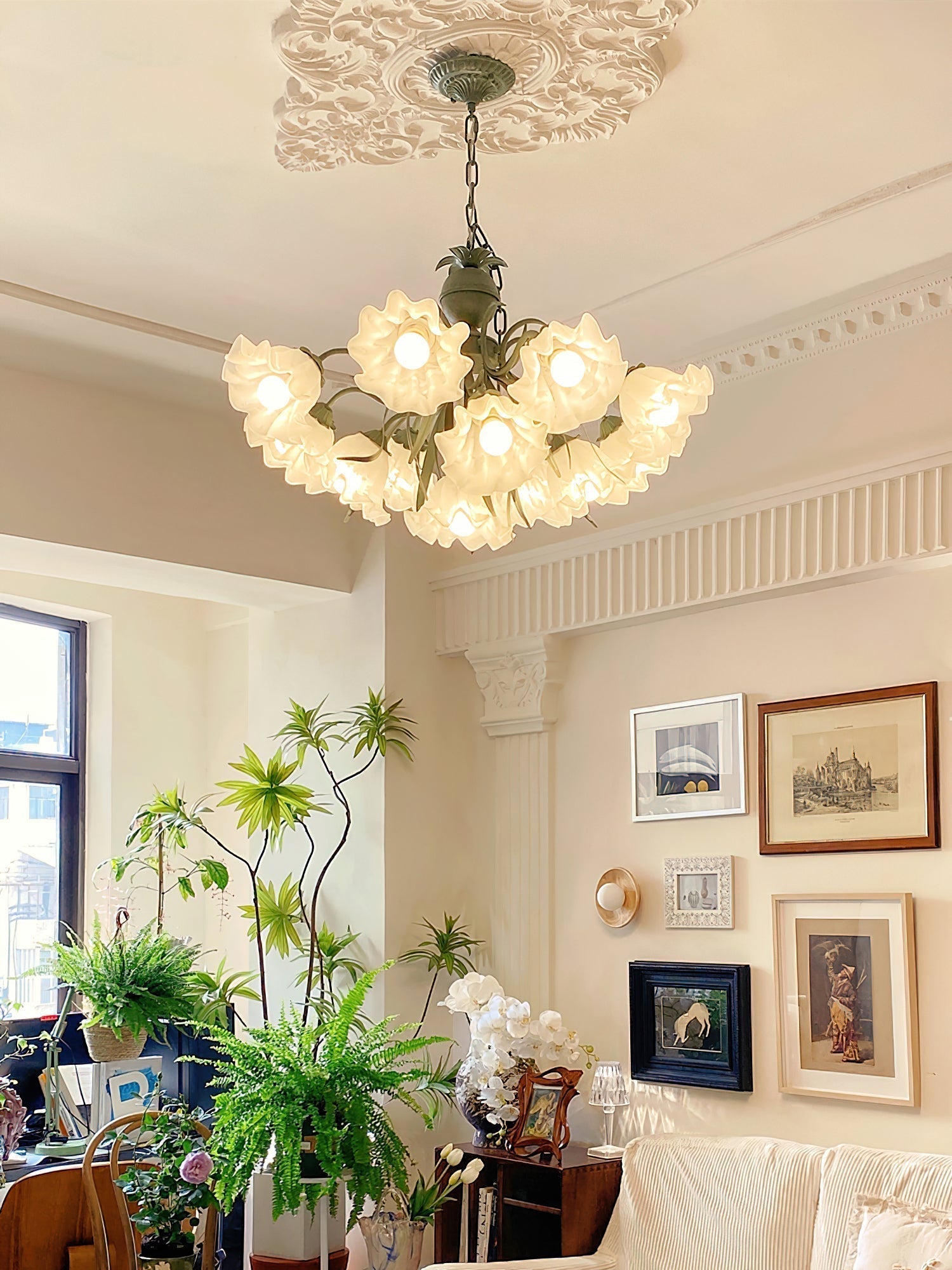 Vintage Floral Lily of the Valley Chandelier Green Metal Petal Pendant Lamp