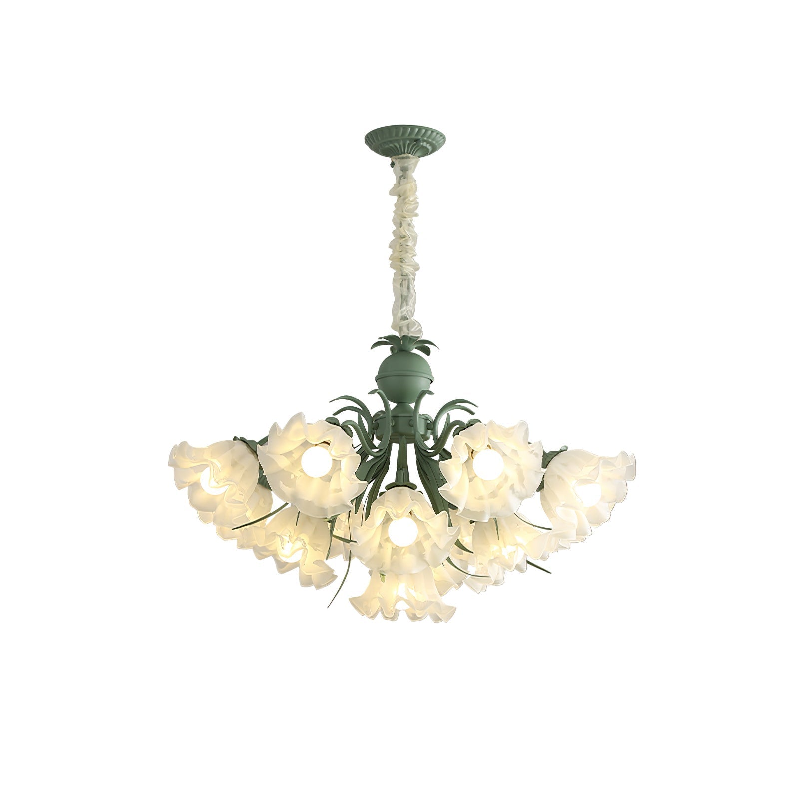 Vintage Floral Lily of the Valley Chandelier Green Metal Petal Pendant Lamp