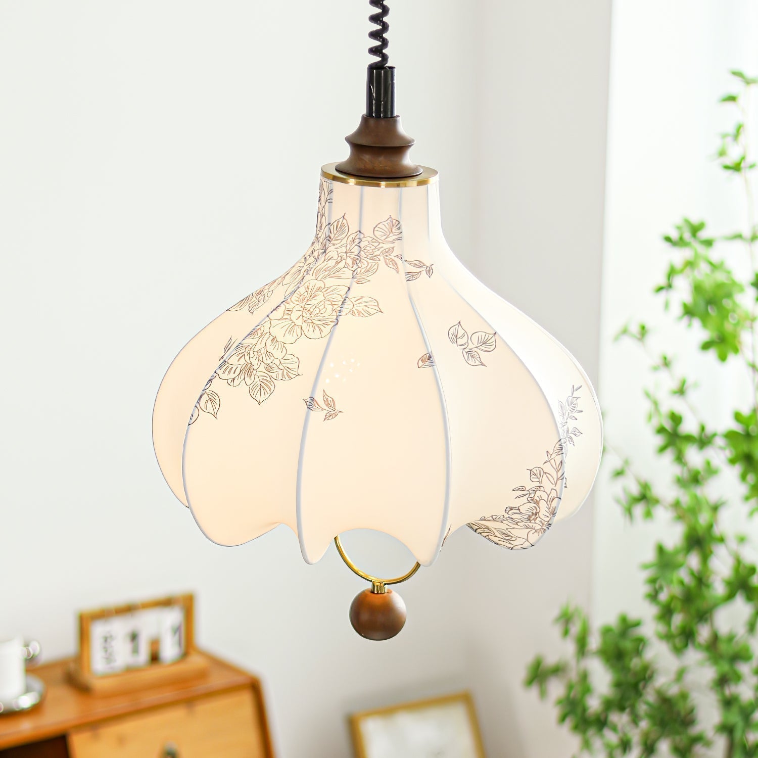Vintage Floral Pear Shaped Fabric Pendant Light with Walnut Wood Accents