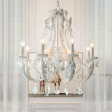 Vintage French Country Crown Chandelier with Crystal Beads and Metal Candle Holders