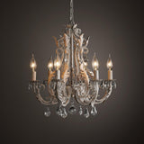 Vintage French Country Crown Chandelier with Crystal Beads and Metal Candle Holders