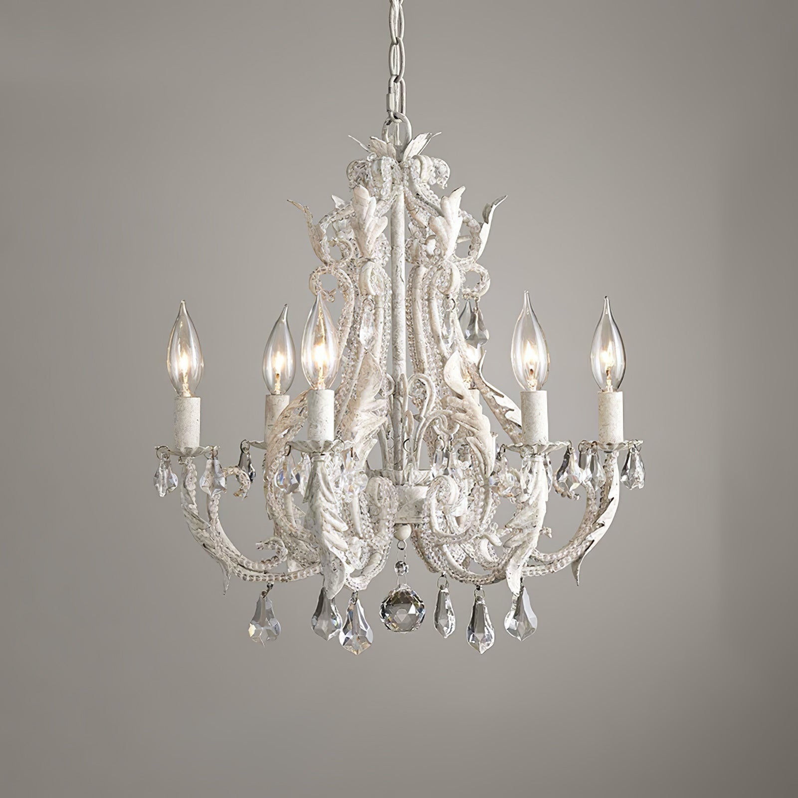 Vintage French Country Crown Chandelier with Crystal Beads and Metal Candle Holders