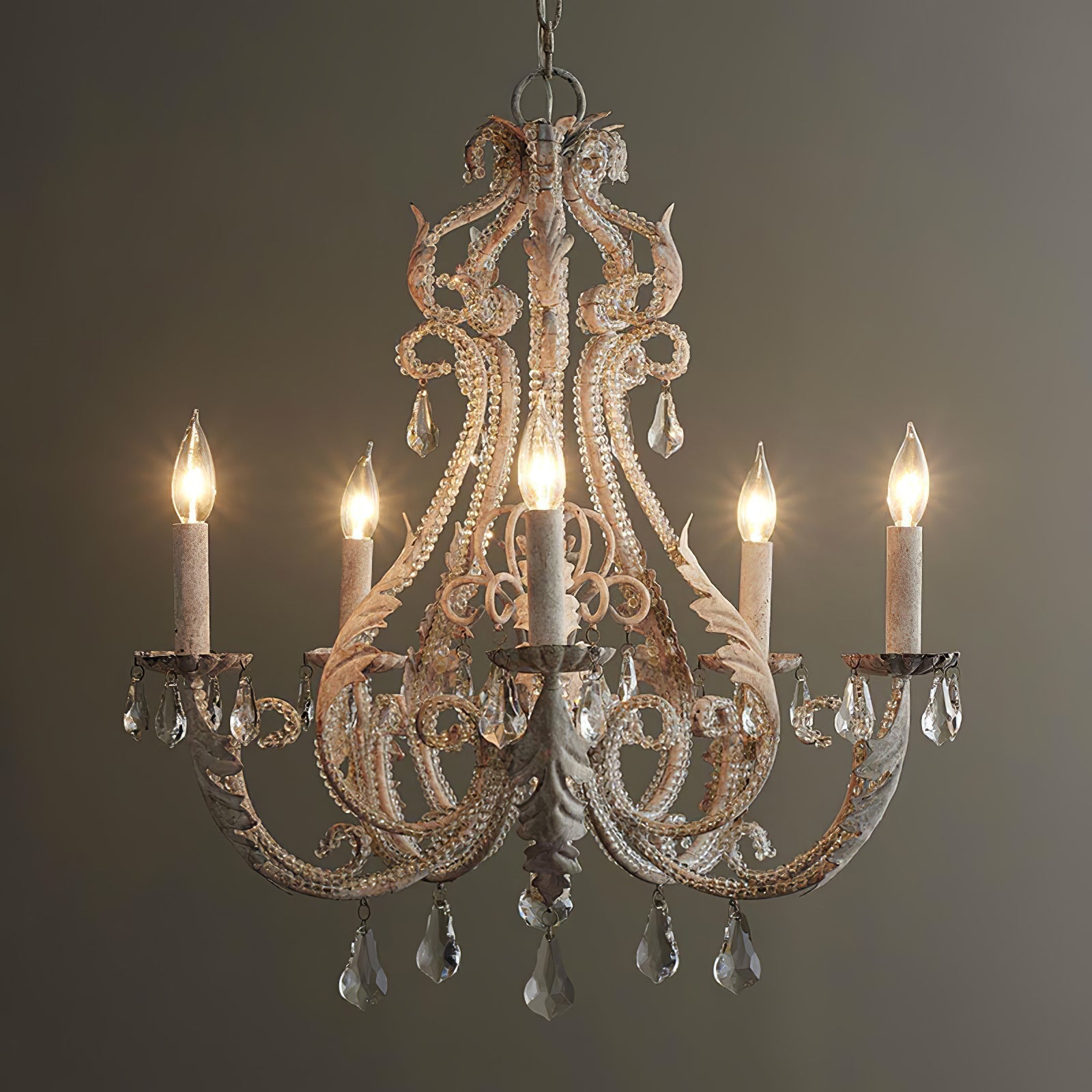 Vintage French Country Crown Chandelier with Crystal Beads and Metal Candle Holders