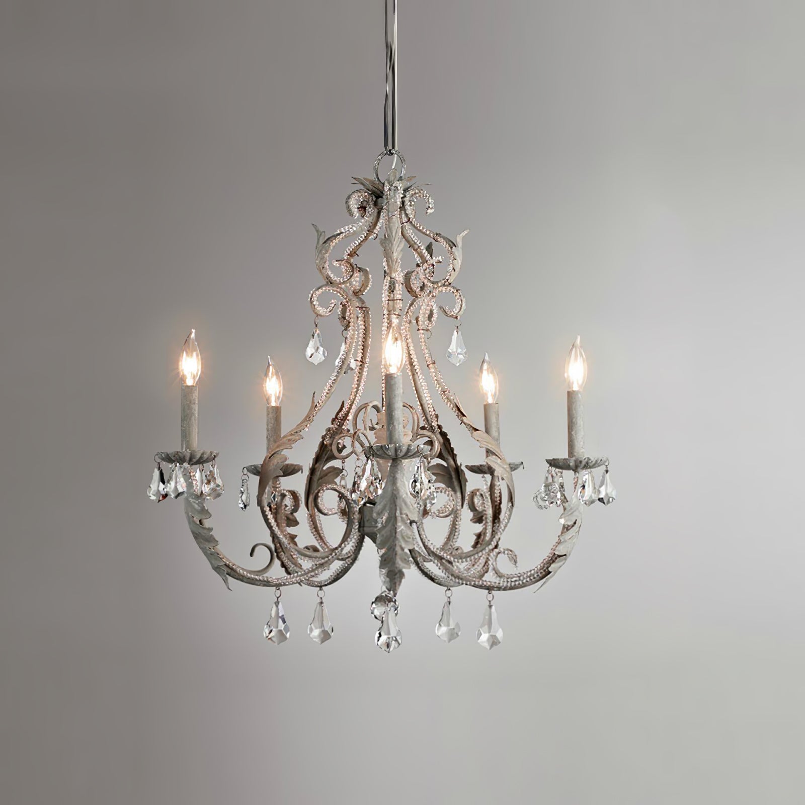 Vintage French Country Crown Chandelier with Crystal Beads and Metal Candle Holders