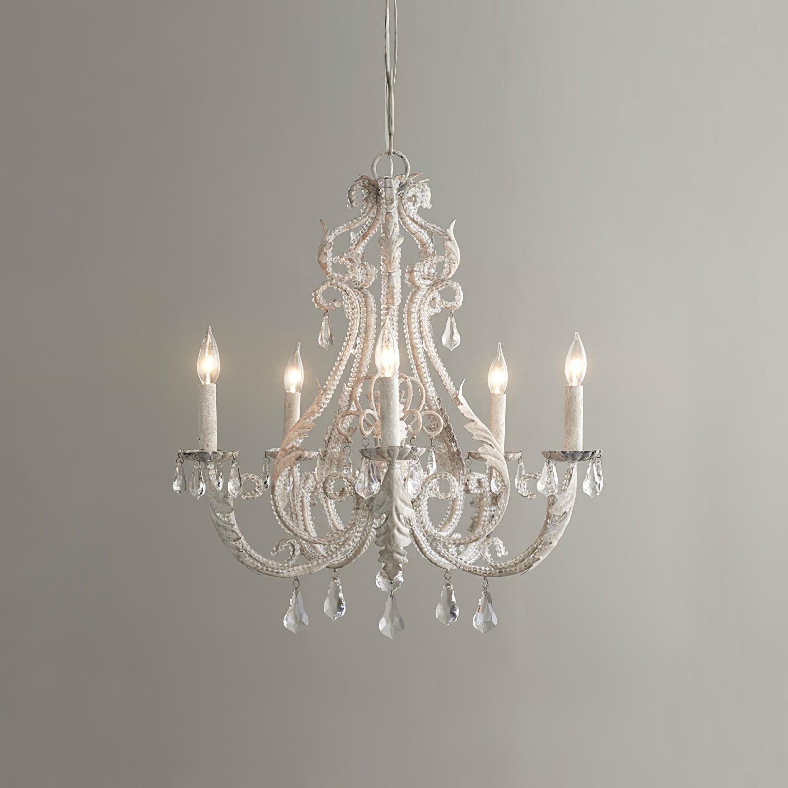 Vintage French Country Crown Chandelier with Crystal Beads and Metal Candle Holders