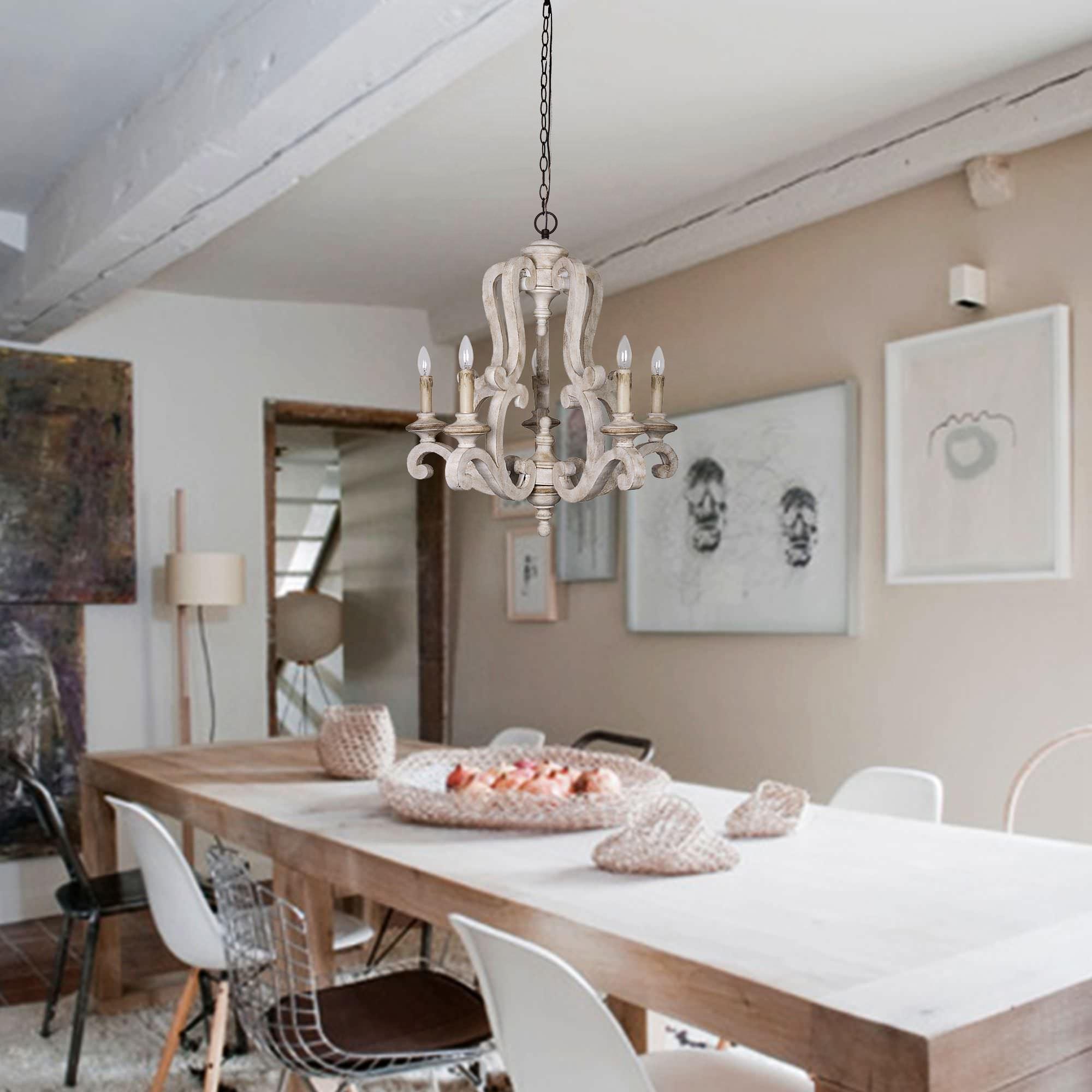 Vintage French Country Distressed Wood Candle Chandelier Antique White Farmhouse Ceiling Light