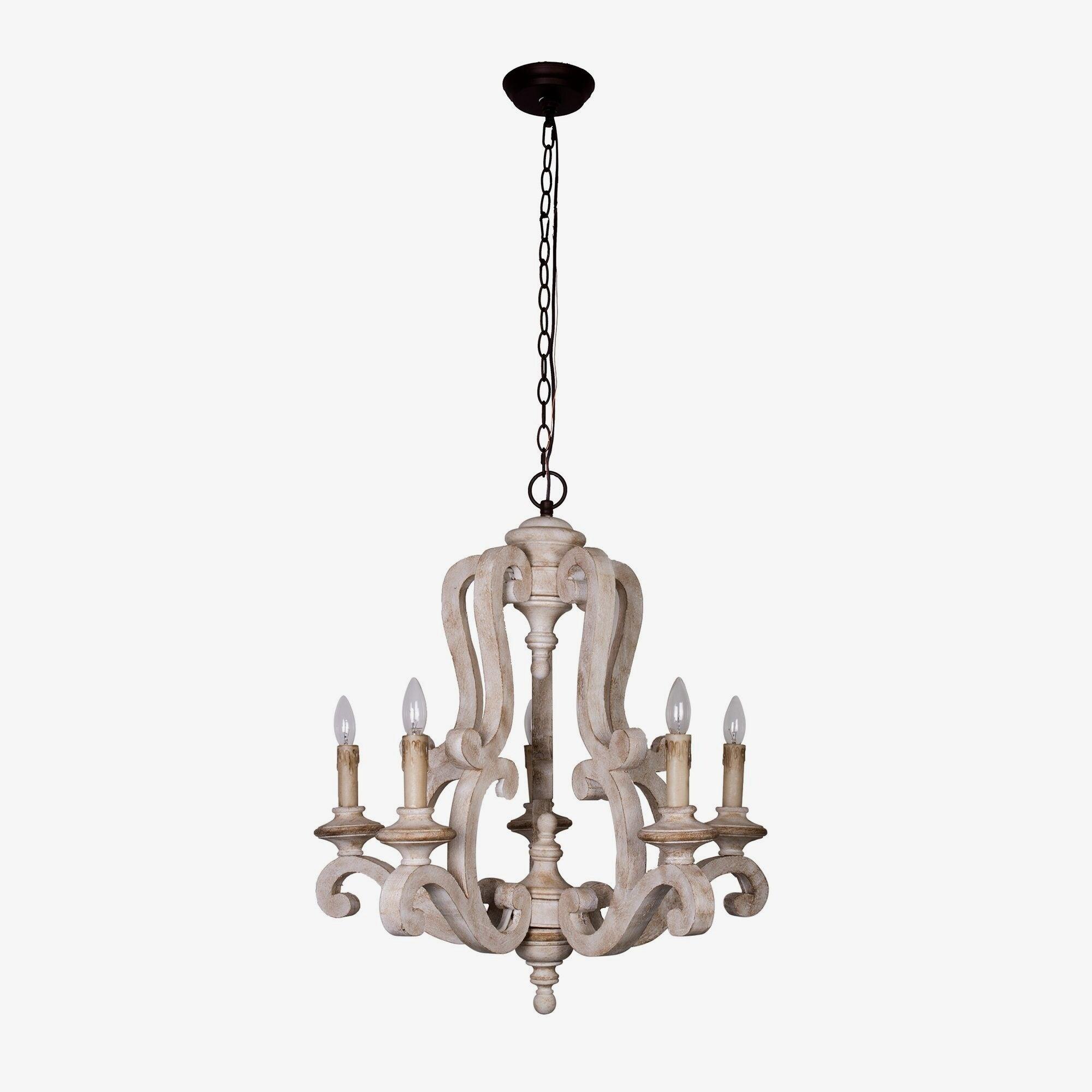Vintage French Country Distressed Wood Candle Chandelier Antique White Farmhouse Ceiling Light