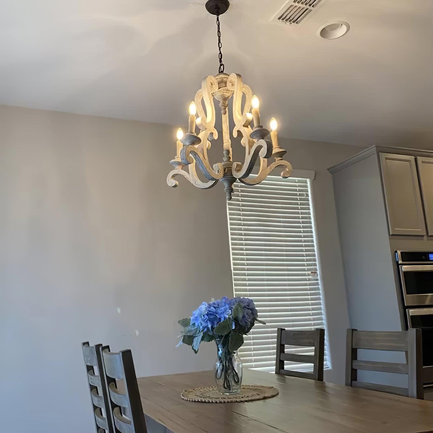Vintage French Country Distressed Wood Candle Chandelier Antique White Farmhouse Ceiling Light