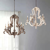 Vintage French Country Distressed Wood Candle Chandelier Antique White Farmhouse Ceiling Light