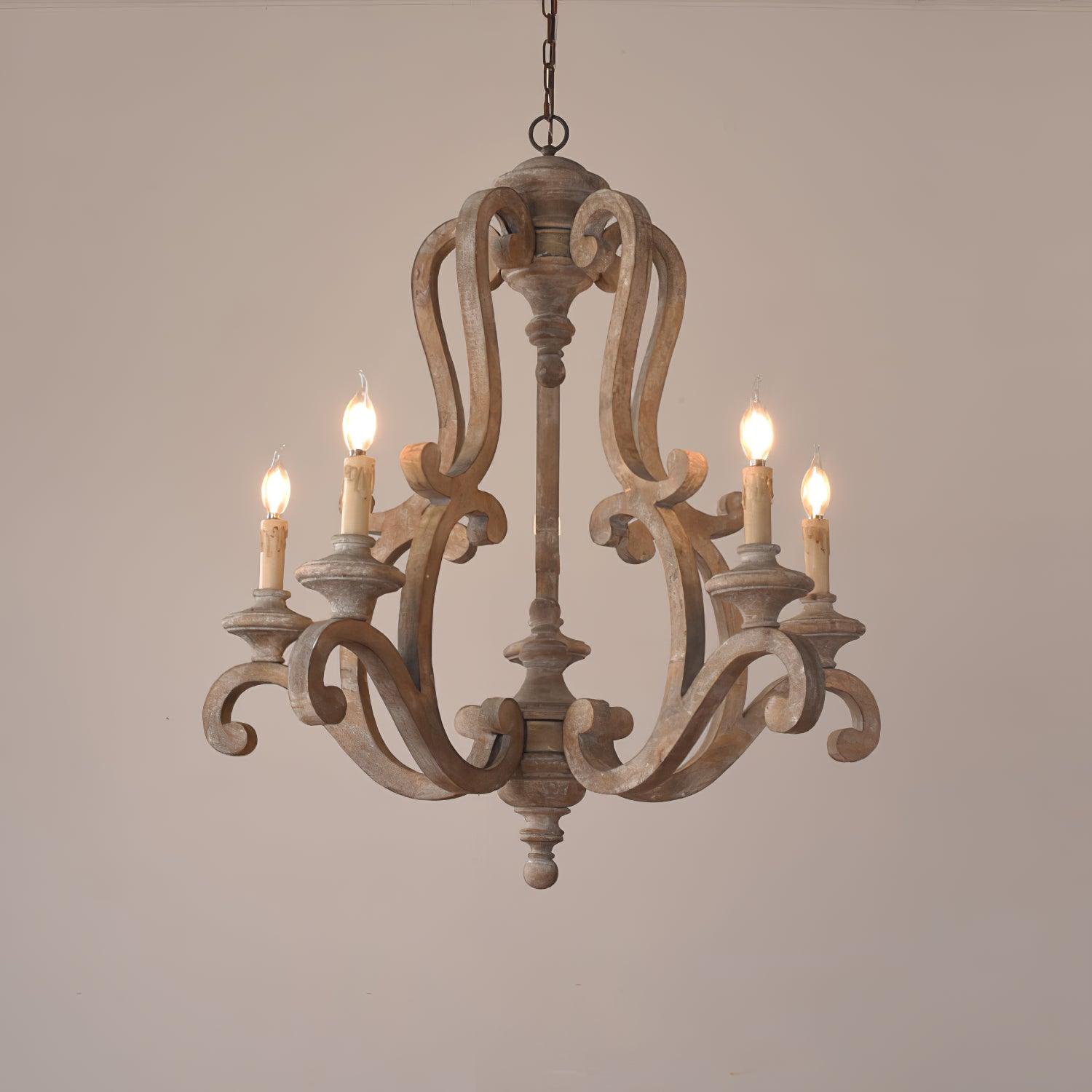 Vintage French Country Distressed Wood Candle Chandelier Antique White Farmhouse Ceiling Light