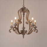 Vintage French Country Distressed Wood Candle Chandelier Antique White Farmhouse Ceiling Light