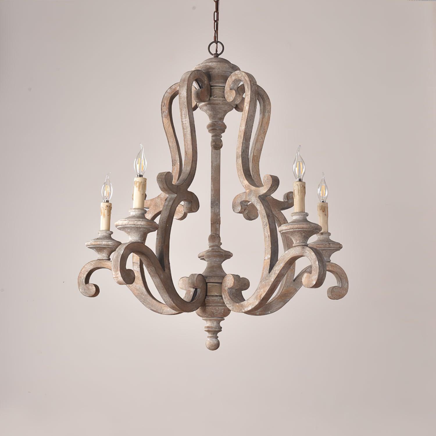 Vintage French Country Distressed Wood Candle Chandelier Antique White Farmhouse Ceiling Light