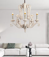 Vintage French Country Distressed Wood Candle Chandelier Antique White Farmhouse Ceiling Light