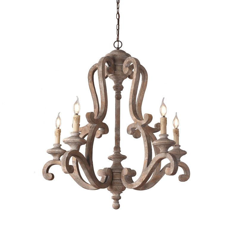 Vintage French Country Distressed Wood Candle Chandelier Antique White Farmhouse Ceiling Light