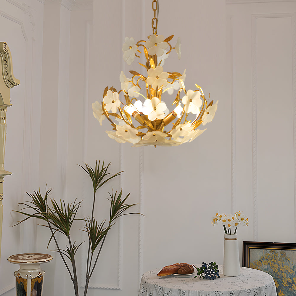 Vintage French Style Glass Flower Branch Chandelier Gold 4 Light Ceiling Fixture