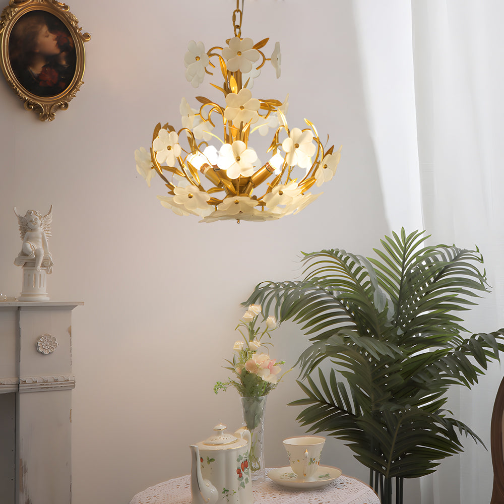 Vintage French Style Glass Flower Branch Chandelier Gold 4 Light Ceiling Fixture