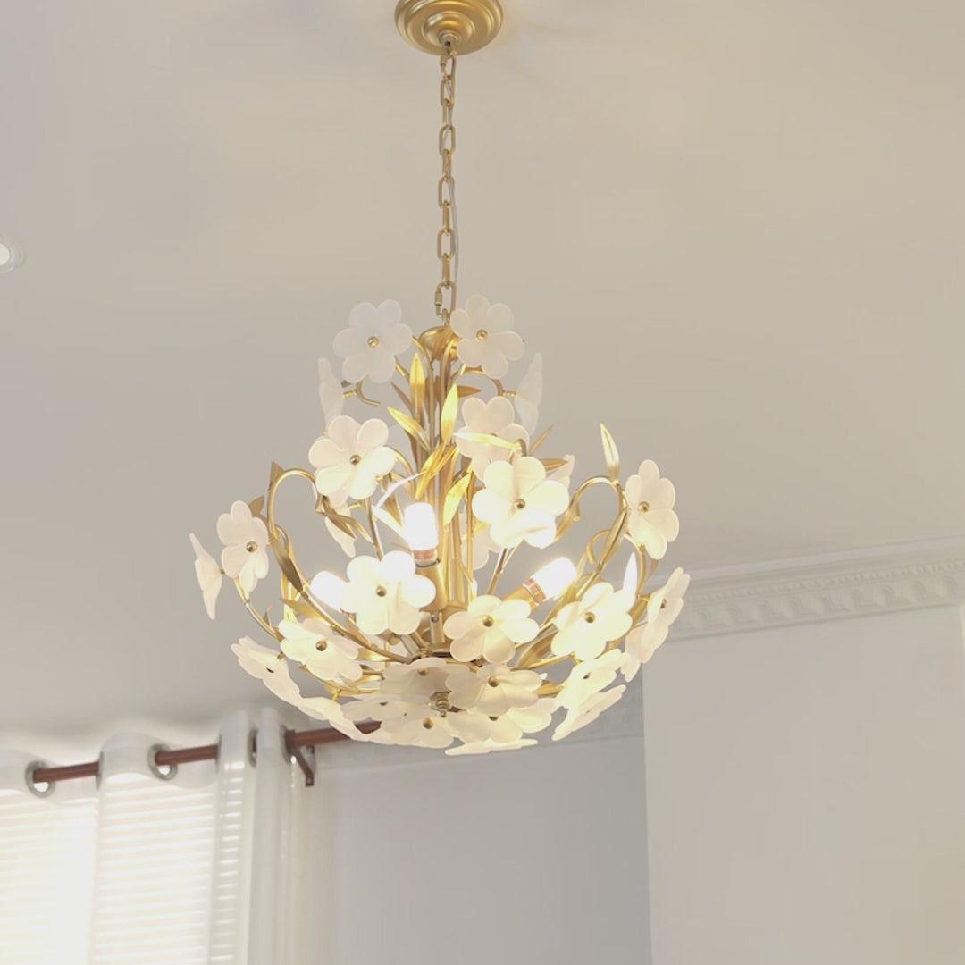 Vintage French Style Glass Flower Branch Chandelier Gold 4 Light Ceiling Fixture