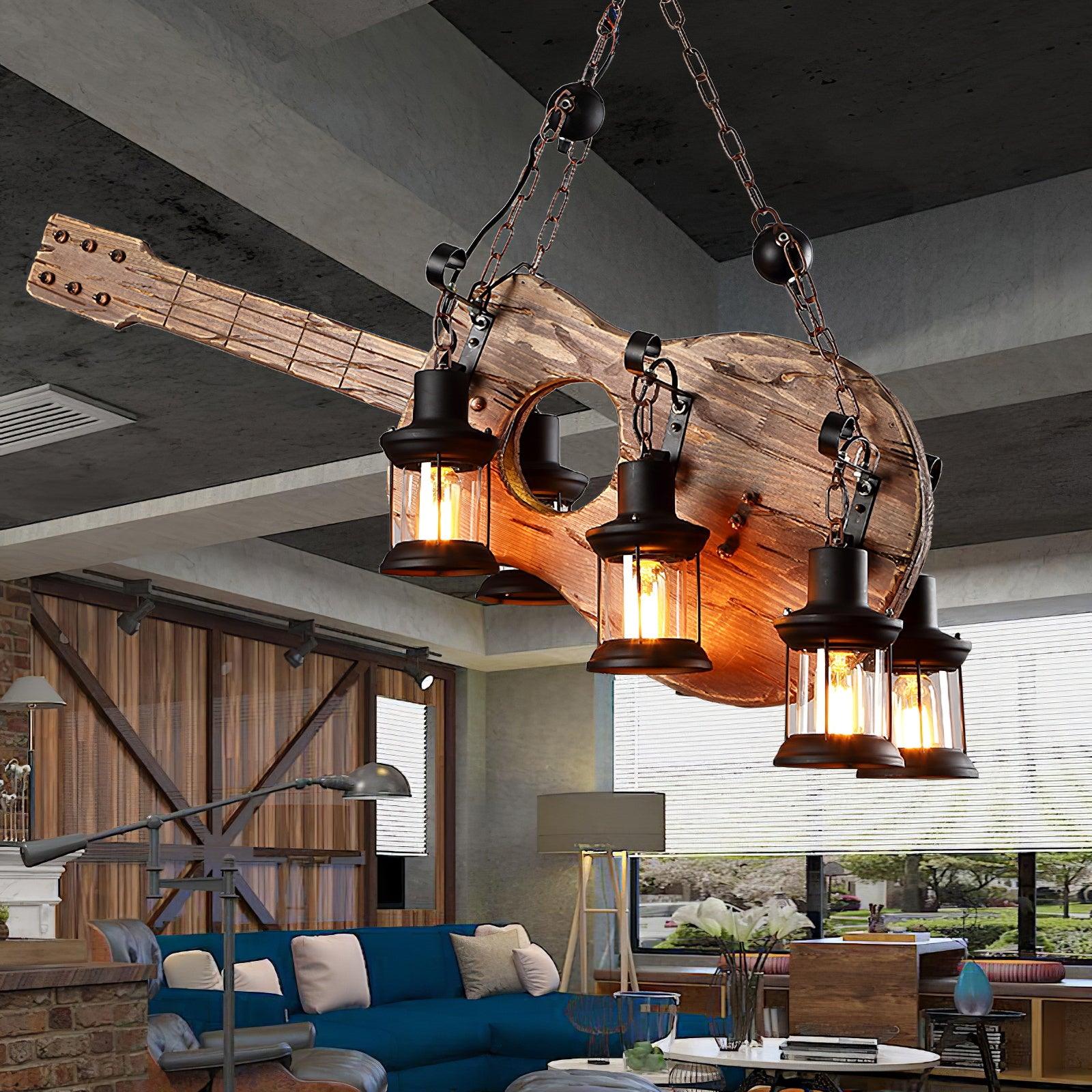 Vintage Guitar Pendant Light Rustic Wood and Glass Ceiling Hanging Lamp