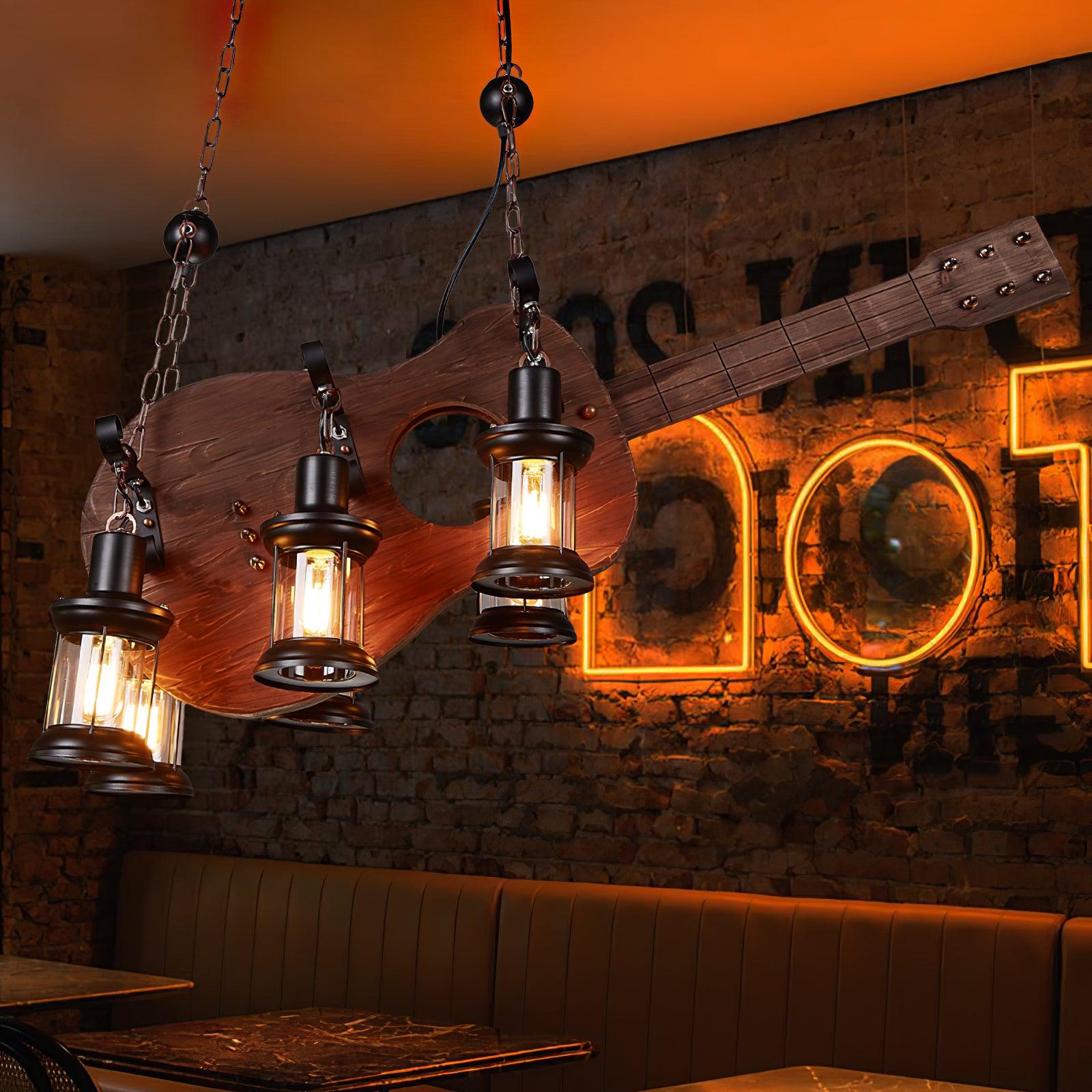 Vintage Guitar Pendant Light Rustic Wood and Glass Ceiling Hanging Lamp